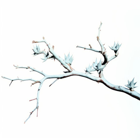 a branch adorned with small green plants, resembling a snowy landscape. this digitally manipulated image showcases realistic forms with a combination of dark white and light azure hues. the photo exhibits a sparse use of color, reminiscent of the chinapunk style. an intriguing and captivating image, reminiscent of an associated press photo. ai generatedの素材