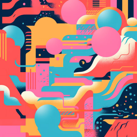 a colorful cartoon featuring a retro color scheme and fluid formations. this artwork combines realistic and fantastical elements, drawing inspiration from futuristic spacescapes, memphis design, and the works of mike winkelmann. the composition showcases asymmetrical patterns and layered forms, creating a visually captivating image. ai generatedの素材