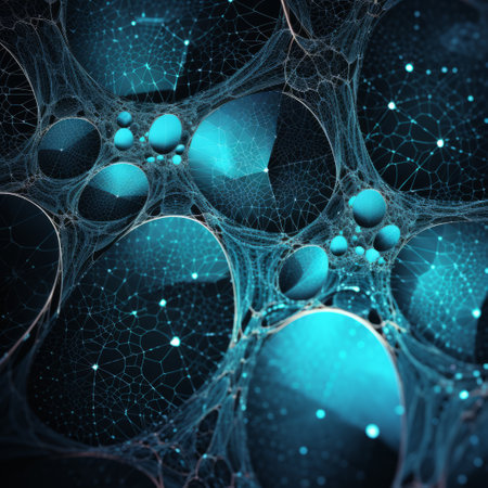 blue abstract artwork featuring intricate shapes and bubbles reminiscent of infinity nets. this hyper-detailed rendering showcases contrasting lights and darks, creating a mesmerizing effect. the crystalcore technique adds depth and clarity to the composition. the use of focus stacking enhances the intricate details, resembling tangled nests. the color palette includes dark black and cyan, adding a dramatic touch to the overall aesthetic. ai generatedの素材