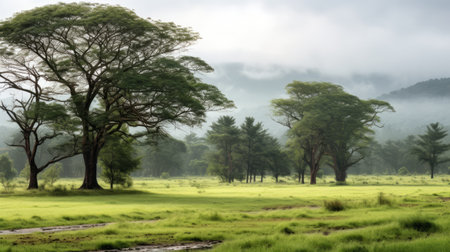 a stunning landscape photograph capturing the ethereal beauty of mist-covered trees, reminiscent of the art style of tonga and tokina at-x 11-16mm f28 pro dx ii lens. the image showcases a harmonious blend of light green and light bronze tones, rendered in 32k uhd resolution. this pastoral scene draws inspiration from the art of burma, celebrating the awe-inspiring wonders of nature. ai generatedの素材