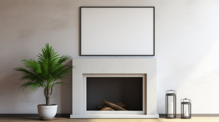a blank poster is positioned against a fireplace, with a wooden picture frame hanging behind it. the composition showcases the style of octane render, utilizing common materials such as plaster, dark white, and light gray. the design is inspired by japanese contemporary and industrial aesthetics. this image is available under the creative commons attribution license. ai generatedの素材