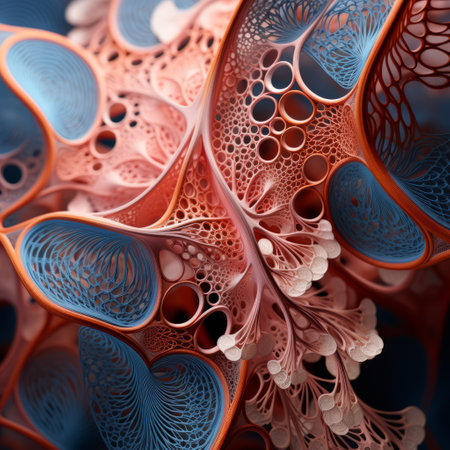 a 4th generation pc graphics art vs science cgi file showcasing layered organic forms in light red and dark blue. the intricately detailed patterns and shallow depth of field create a mesmerizing visual experience. the composition features biomorphic forms and mathematical structures, resulting in a captivating and intricate artwork. ai generatedの素材
