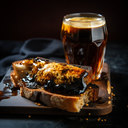 a photo of a dark bronze and dark black styled bread with marmalade on top, accompanied by a glass of beer. the surfaces are highly polished, streaked, and made of cheese. the composition exudes urban grittiness with a touch of mushroomcore. ai generatedの素材
