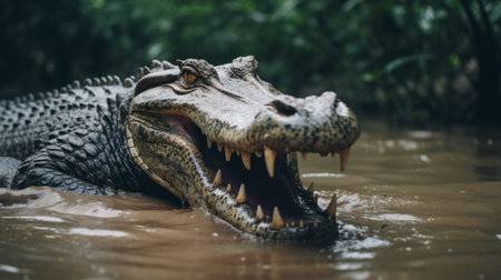 the alligator, with its mouth wide open, is surrounded by mud and lush green vegetation. the photo captures the essence of the graflex speed graphic style, with a shallow depth of field. influences from the art of the ivory coast, unreal engine 5, taylor wessing, and the color palette of light navy and light brown add to the dynamic and exaggerated facial expressions of theの素材