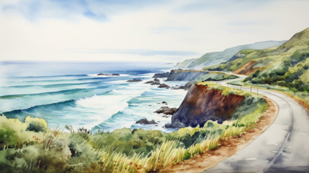 a watercolor painting featuring a road and an ocean background, inspired by richly detailed genre paintings and the american scene painting style. this california plein air artwork showcases majestic and sweeping seascapes, with naturalistic ocean waves and topographical views. the high-resolution image captures the beauty and intricacy of the scene. ai generatedの素材