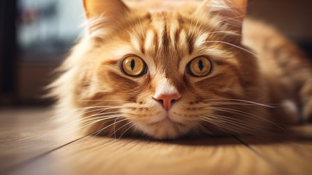 an orange cat gazes through the window, captured with a macro lens to highlight intricate details. the portrait showcases soft lighting, creating a warm and inviting atmosphere. this tabletop photograph, rendered in cinema4d, features a color palette of crimson and beige. the image can be found on flickr and showcases the cat's striped fur pattern. ai generatedの素材