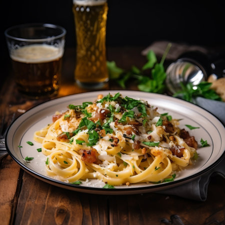 a photo of a pasta dish with bacon and beer, captured using a zeiss batis 18mm f2.8 lens. the image showcases a light gray and gold color scheme, with contrasting shades of dark white and light amber. the photo has been post-processed by serge marshennikov and features elements inspired by the artistic styles of etam cru and aquirax uno. ai generatedの素材