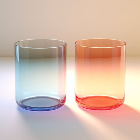 glasses on a table in the sun, featuring simplified colors and luminous 3d objects. the transparent-translucent medium showcases a beautiful contrast between light crimson and dark azure. this minimalist composition exudes purity and is presented in a two-dimensional format, reminiscent of the bechers' typologies. ai generatedの素材