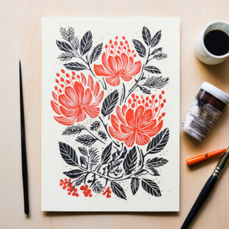 a printed paper showcasing a vibrant illustration of flowers alongside a cup of coffee and pencils. the artwork is characterized by its bold stencil style, featuring flourishing botanicals in light red and black. the use of palette knives adds depth and texture, while the sophisticated woodblock technique and meticulous inking create strong lines and bold colors. ai generatedの素材