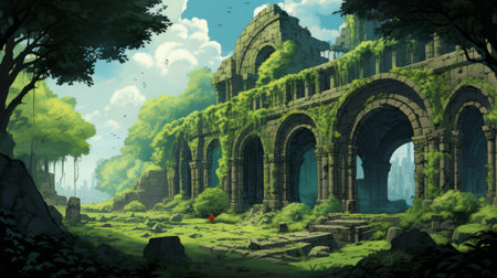 the photo showcases a stunning, large, dark green-framed painting capturing the remains of an ancient roman ruin. the artwork is beautifully rendered in an anime aesthetic, with vibrant red and azure colors. the high-definition image highlights the intricate details of this manga-inspired, romanesque, adventure-themed masterpiece. ai generatedの素材