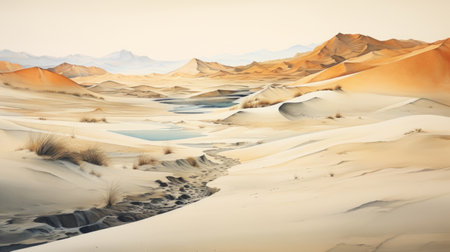 a desert landscape featuring sand, plants, stones, and a river. this atmospheric and hyperrealistic illustration showcases a unique blend of light gold and cyan tones. inspired by persian miniatures, the bold shadows and flowing brushwork create a captivating visual experience. with its 8k resolution, this artwork immerses viewers in the beauty of the desert. ai generatedの素材
