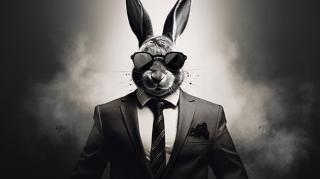a man in a suit and tie, sporting sunglasses, poses in a whimsical yet eerie animal symbolism style. this bunnycore-inspired photo showcases photorealistic compositions with bold black and white tones. the softbox lighting adds depth to the image, while the busy and bold composition exudes a hip-hop vibe. ai generatedの素材