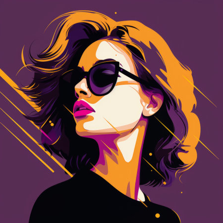 a black woman with sunglasses is captured in a vibrant pop art graphic design. she is wearing a purple shirt, adding a touch of color to the composition. the artwork, reminiscent of the 85 new wave era, features a romantic illustration with a color palette of light black, dark amber, dark violet, and orange. this piece by josef kote showcases a captivating coloristic intensity. aiの素材