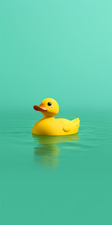 rubber duck floating on water in a serene natural setting, showcasing the artistic style of zbrush. this playful minimalist composition features a vibrant color palette of dark yellow and light cyan, rendered with maya. the soft-focus technique adds a dreamy touch to the image, while the bold shapes and bright colors create a playful and ironic atmosphere. ai generatedの素材