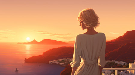 a woman in a white dress gazes at a breathtaking beach view during a stunning sunset. this digital painting captures the essence of golden age illustrations with its bold and classicist style. commissioned for its 32k uhd resolution, the artwork showcases mountainous vistas and features manga-inspired characters. ai generatedの素材