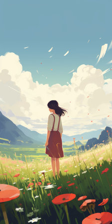 young girl surrounded by a vibrant and colorful background filled with a variety of flowers. the composition of the image is reminiscent of atmospheric landscape paintings, anime, and animated films. the scene captures the essence of mountainous vistas with detailed skies and a flat perspective. the soft and dreamy tones add to the overall enchanting atmosphere. ai generatedの素材