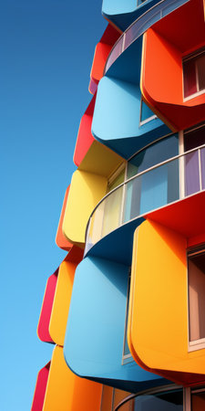 a multi-colored building with stairwells showcasing freeform minimalism. the playful and whimsical designs feature modular elements and intricate minimalism. the glossy finish adds to the vibrant appeal of the windows vista. this building is a perfect example of playful minimalism with its unique and eye-catching design. ai generatedの素材