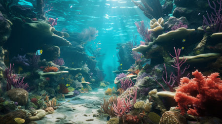 a 3d underwater scene captured in a free stock photo, showcasing lively and colorful impressionist landscapes. the realistic and detailed rendering by alejandro burdisio includes intricate background elements with an afro-caribbean influence. the photo depicts a fantastical street with rtx on, creating a visually stunning and immersive experience. ai generatedの素材
