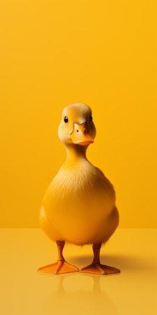 a duck, with minimal retouching, is seen looking up at the camera while laying down on a yellow surface. the image showcases childlike simplicity, vibrant color gradients, and subtle tonal values. the softbox lighting enhances the details of the duck's features. this uhd image captures the charm of the duck in a visually appealing way. ai generatedの素材