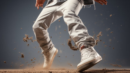 a person jumps in the dirt wearing jeans and shoes, creating a white and amber sci-fi spectacle. this innovative technique, captured by andrzej sykut, combines hip hop aesthetics with a detail-oriented approach. the image evokes the artistic style of filippino lippi. ai generatedの素材