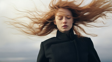 a woman with long red hair poses for a portrait in the style of stormy seascapes, reminiscent of the dusseldorf school of photography. this captivating image, influenced by the works of viviane sassen and signe vilstrup, showcases portraitures with hidden meanings. the composition, reminiscent of the rollerwave technique, evokes a sense of mystery and intrigue, much like the captivating works of gregory colbert. ai generatedの素材