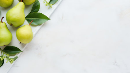a white plate showcasing five green pears with leaves, set against a minimalist background. the composition features elements like marble, decorative borders, soft-focus, floral motifs, and innovative page design, seamlessly blending natural and man-made elements. ai generatedの素材