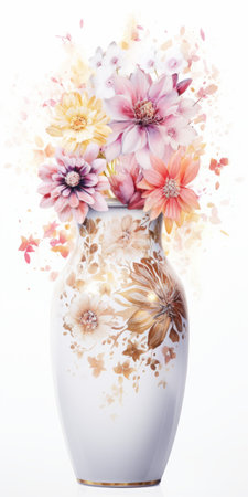 a jar filled with an array of vibrant flowers, digitally airbrushed in light gold and white hues. this grandiose composition resembles a mural painting, captured in ultra-high definition. the nature-based patterns showcase a harmonious blend of light brown and pink tones. ai generatedの素材