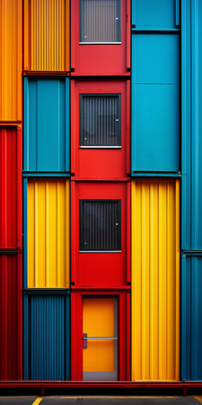 a building made of colorful containers, showcasing a minimalist abstract style. this captivating photo, taken with a nikon d750, exhibits bold contrast and textural play. the steeliron frame construction adds to its structural integrity. the intense color fields and panel composition mastery create a visually striking image. the playful coloration adds an element of fun to the overall composition. ai generatedの素材
