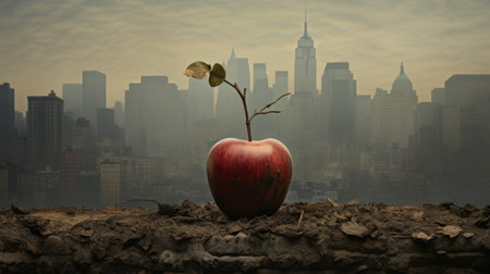 a red apple emerges from the ground, surrounded by a dystopian cityscape reminiscent of tom chambers' artwork in new york city. this thought-provoking image captures the subject matter of martin wittfooth and sebastian errazuriz, reflecting humanity's struggle with stark honesty. ai generatedの素材