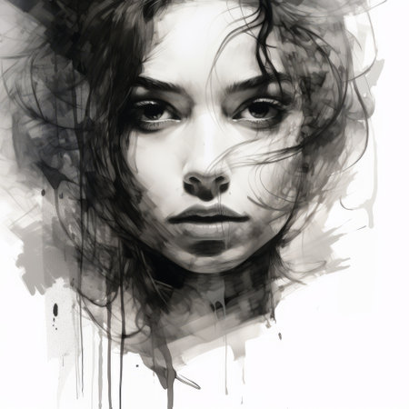 a collection of acrylic painted portraits showcasing the aggressive digital illustration style. these moody black and white artworks also incorporate delicate watercolors, soft-focused realism, and fluid, loose brushstrokes. inspired by the mono-ha movement and digital art techniques, these portraits offer a unique blend of traditional and contemporary artistic elements. ai generatedの素材
