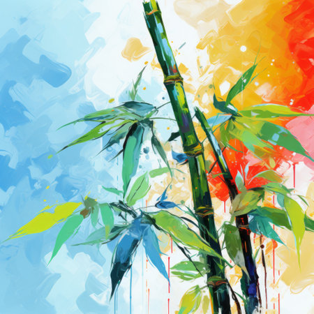 colorful paint on a piece of paper, showcasing the enigmatic tropics in a digital illustration by xu beihong. this contemporary impressionism artwork captures a joyful celebration of nature through large canvas paintings, featuring angular brushstrokes that add depth and vibrancy to the composition. ai generatedの素材