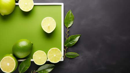 lime leaves and lime slices are beautifully arranged in a green frame on a dark stone background. this minimalistic japanese-style image showcases commercial imagery with flat areas of color and exacting precision. the elaborate fruit arrangements are displayed on a lightbox, adding a touch of elegance to the polished concrete setting. ai generatedの素材
