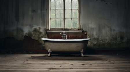 an old bathtub sits in front of a window in an atmospheric and moody bathroom. this commercial image captures the raw and edgy beauty of the scene, with vignetting adding to its unique appeal. shot on 70mm, this uhd image showcases the stunning details of the vintage bathroom. ai generatedの素材