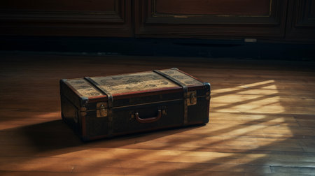 a brown and dark brown trunk, reminiscent of writer academia, showcases nostalgic imagery in this photo taken with provia film. sunrays delicately illuminate its eroded interiors, offering a thought-provoking critique of consumer culture. this tabletop photography captures the essence of intellectual reflection and evokes a sense of contemplation. ai generatedの素材
