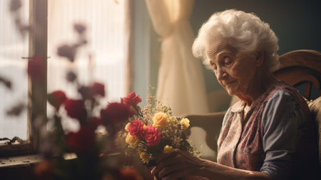elderly woman holding bouquet of flowers in a realistic still life with dramatic lighting. this grandparentcore image captures emotional sensitivity. shot in 8k resolution, it showcases the artistic influences of franklin booth, alessio albi, and willard metcalf. ai generatedの素材