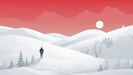 a girl gracefully walks through a winter wonderland, surrounded by a snowed-in landscape. the image captures the essence of the superflat style, with its light red and gray tones. the romantic and dramatic landscapes evoke a sense of tranquility and zen minimalism. the colorful gradients add depth to the scene, reminiscent of the lush landscape backgrounds often seen in the works of kyffin williams. aiの素材