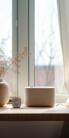 an audio pod sits on a windowsill, bathed in soft natural light. the serene color palette and japanese-inspired design create a calming atmosphere. this high-quality, uhd image showcases the ceramic details of the pod, while the open window adds an airy feel to the composition. ai generatedの素材
