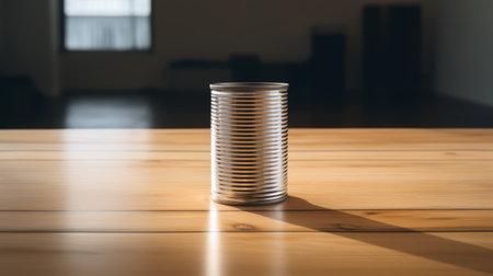 a can on a table, illuminated by sunlight, showcases a large-scale minimalist style. the flat perspective and metallic rotation add depth to the image. with a touch of environmental awareness, the can embodies the essence of american tonalism. the sharp perspective angles give it a unique quantumpunk vibe. ai generatedの素材