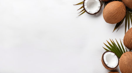coconuts and leaves arranged in a minimalist composition with copy space on a white background. this contemplative photo captures the essence of scoutcore and craftcore aesthetics, perfect for websites. the white and amber color palette adds a touch of elegance. shot from a birds-eye-view, the image has a resolution of 3840x2160. ai generatedの素材