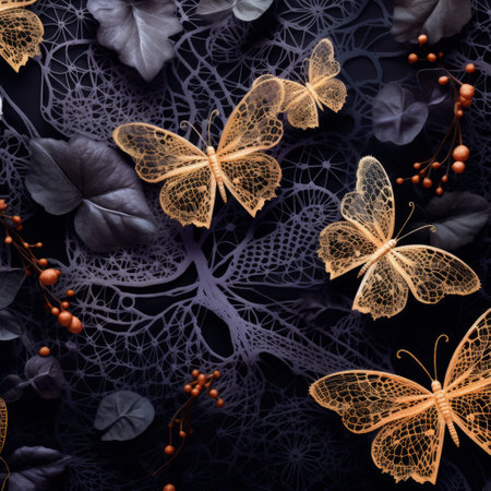 a photo of butterflies in a baroque-inspired chiaroscuro style, showcasing a captivating blend of dark violet and orange hues. this uhd image captures the intricate surfaces of the butterflies, which are beautifully illustrated with vines by the talented artist eiko ojala. ai generatedの素材