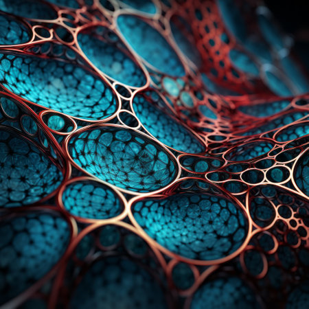 closeup and detailed 3d renderings of molecules in a dark turquoise and bronze style. the distorted and elongated forms create tangled nests, with hints of light red and indigo. the visuals resemble medical imaging film, showcasing textural layers and a figura serpentinata aesthetic. ai generatedの素材