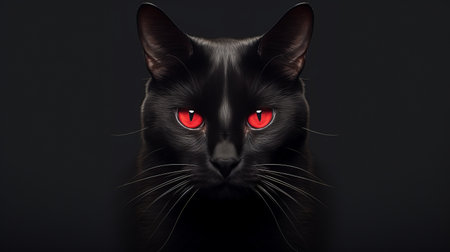 a black cat's head with red eyes is depicted in this manipulated photograph. set against a black background, the image exudes a mystic symbolism with its light red and dark magenta tones. inspired by southern gothic aesthetics, this hyperrealistic animal portrait captures the contrasting lights and darks, creating a poetically haunting atmosphere. ai generatedの素材