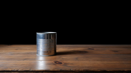 a black and white photo featuring a can placed on a wooden table. the image follows the style of conceptual minimalism and american tonalist art, with a black background and uniformly staged composition. it also incorporates elements of transavanguardia, metallic etherialism, and flat yet expressive aesthetics. ai generatedの素材
