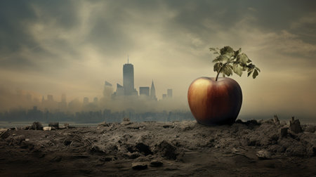 a peach tree stands tall against a barren rocky backdrop, while a sprawling cityscape looms in the distance. this surrealistic photograph captures the essence of storytelling, reminiscent of artists like applecore and gabriel isak. the juxtaposition of the peach tree and the urban setting creates an apocalyptic collage, evoking a sense of environmental awareness. ai generatedの素材
