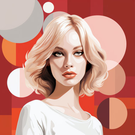 a woman with blond hair stands in front of a vibrant red background in this pop art illustration. the dark white and light orange colors create a realistic color palette, while geometric shapes add a touch of modernity. this celebrity portrait exudes a romantic and artistic vibe. ai generatedの素材