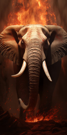 a big elephant stands against a fiery background, showcasing intricate details in the style of zbrush. the red and bronze tones add depth to the splattered and dripped textures, creating a realistic and captivating chiaroscuro portrait. this artwork beautifully captures the essence of texture exploration. ai generatedの素材