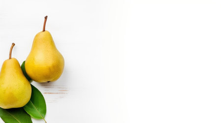 fresh pears with leaves on a white background, showcasing a minimalistic japanese style. the image features a combination of yellow and gold tones, creating a visually striking composition. with a panoramic scale and ultra-high definition quality, this uhd image captures the essence of oliver jeffers' innovative page design. the minimalist spare simplicity adds to the overall aesthetic appeal. ai generatedの素材