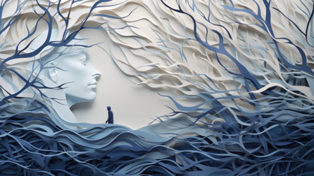a woman's face emerges from branches, creating a surreal and abstract landscape. the artwork features light navy and white tones, resembling paper sculptures. the flowing silhouettes and surreal 3d landscapes blend with whimsical figurines, evoking a naturalistic ocean wave motif. ai generatedの素材