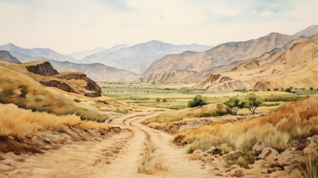 a highly detailed watercolor painting captures the beauty of a dirt road winding through majestic mountains. inspired by qajar art and delicately rendered landscapes, this artwork showcases the organic formations of the environment. the use of the zeiss batis 18mm f2.8 lens adds depth and clarity to the scene, reminiscent of shang dynasty art. this painting is a stunning example of environmental portraiture. ai generatedの素材