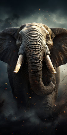 a giant elephant, portrayed in a realistic hyper-detailed rendering, stands tall amidst stormy weather. the explosive and chaotic atmosphere adds a cinematic storytelling element to the image. with a precisionist approach, the artwork showcases african influence, capturing the dynamic and action-packed essence. this captivating photo can be found on flickr. ai generatedの素材